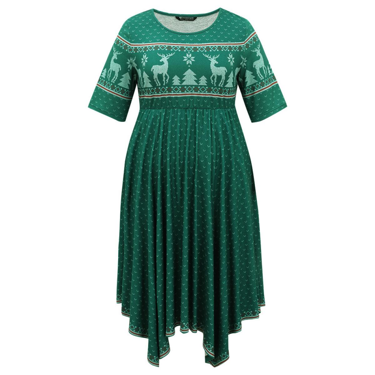 Plus Size Christmas Elk Elastic Waist Hanky Hem Dress Cyan Women Casual Printed Round Neck Half Sleeve Curvy Midi Dress BloomChic 22-24/3X Product Image