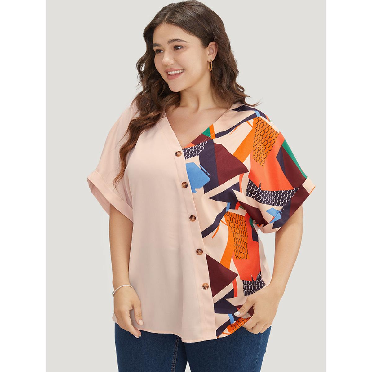 Plus Size Multicolor Geometric Contrast Batwing Sleeve Button Detail Wrap Blouse Women Office Short sleeve V-neck Work Blouses BloomChic 10/M Product Image