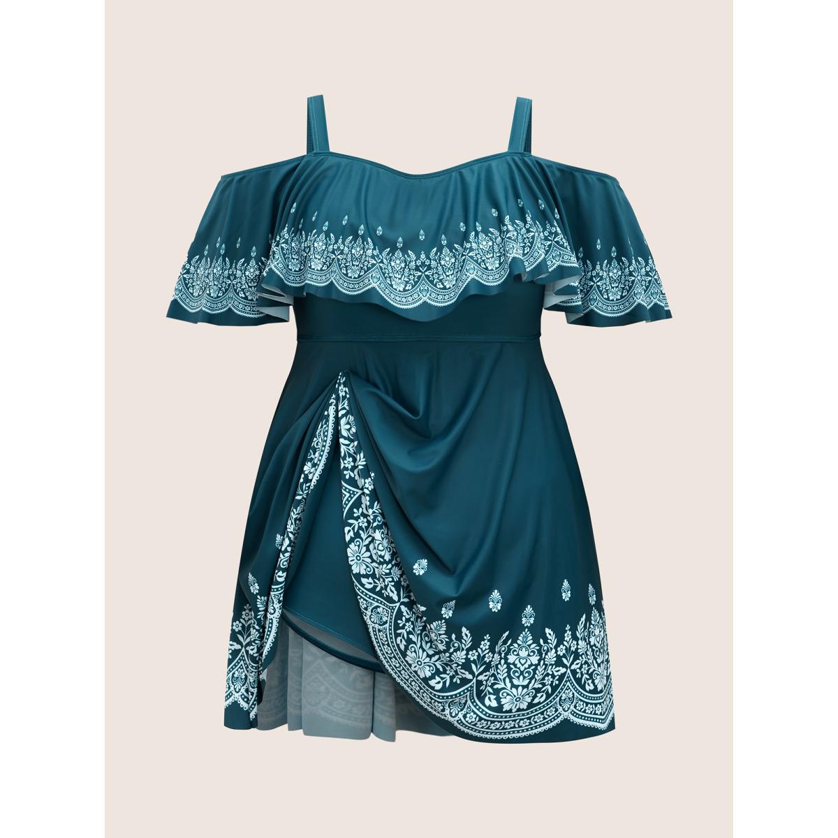 Plus Size Boho Print Off Shoulder Ruffle Trim Swim Dress Women's Swimwear Cyan Beach Bodycon One-shoulder neck High stretch Curve Swim Dresses BloomChic 12/L Product Image