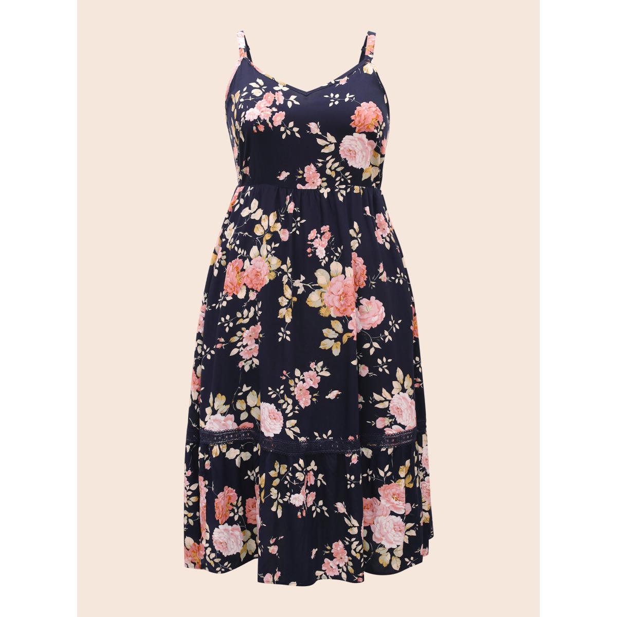 Plus Size Heart Neckline Contrast Webbing Cami Dress DarkBlue Women Elegant Woven ribbon&lace trim Heart neckline Sleeveless Curvy BloomChic 26/4X Product Image