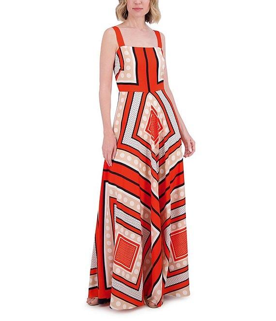 Eliza J Square Neck Sleeveless Stripe Scarf Print Crepe De Chine A-Line Maxi Dress Product Image