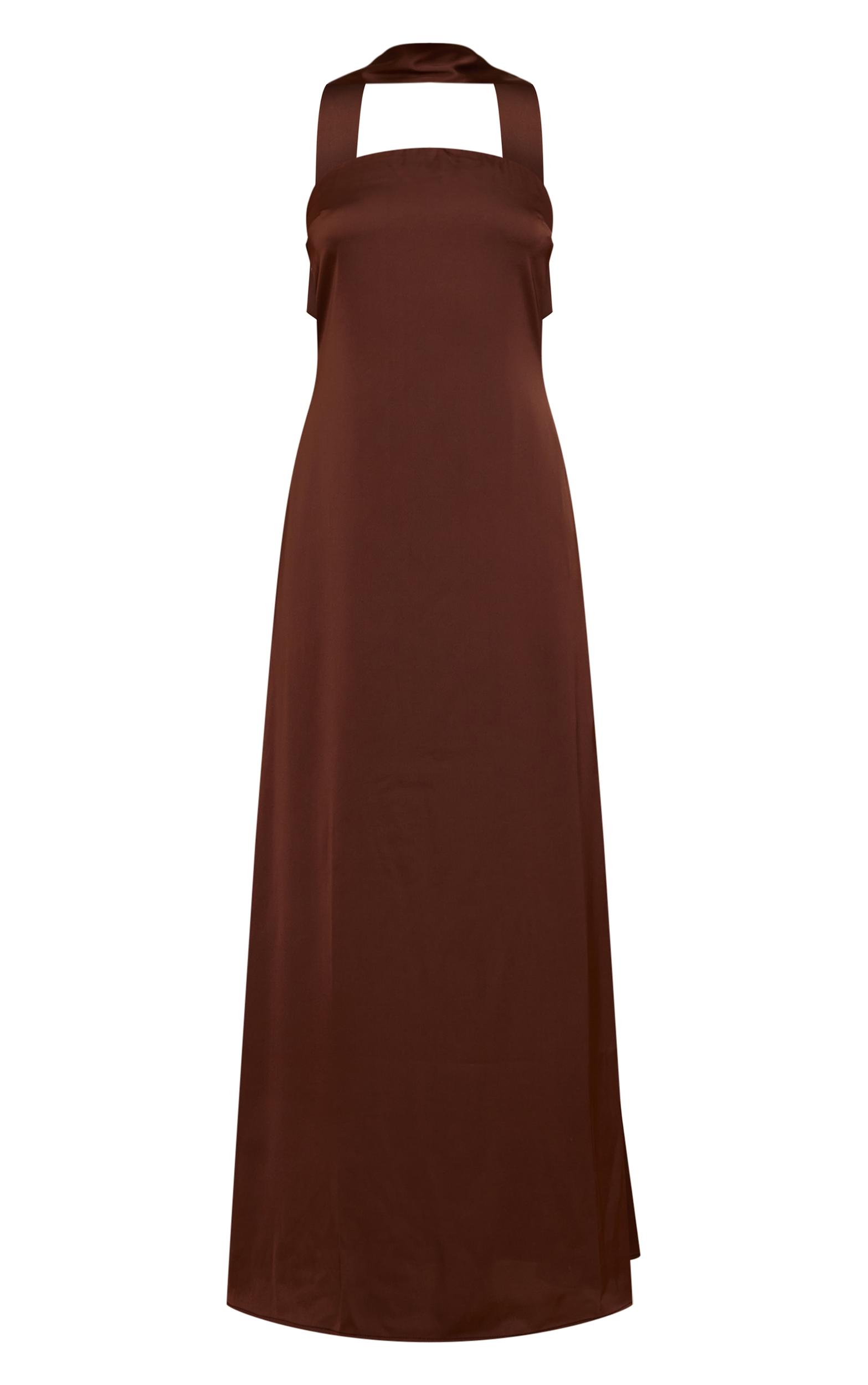 Chocolate Satin Bandeau Scarf Detail Maxi Dress Product Image