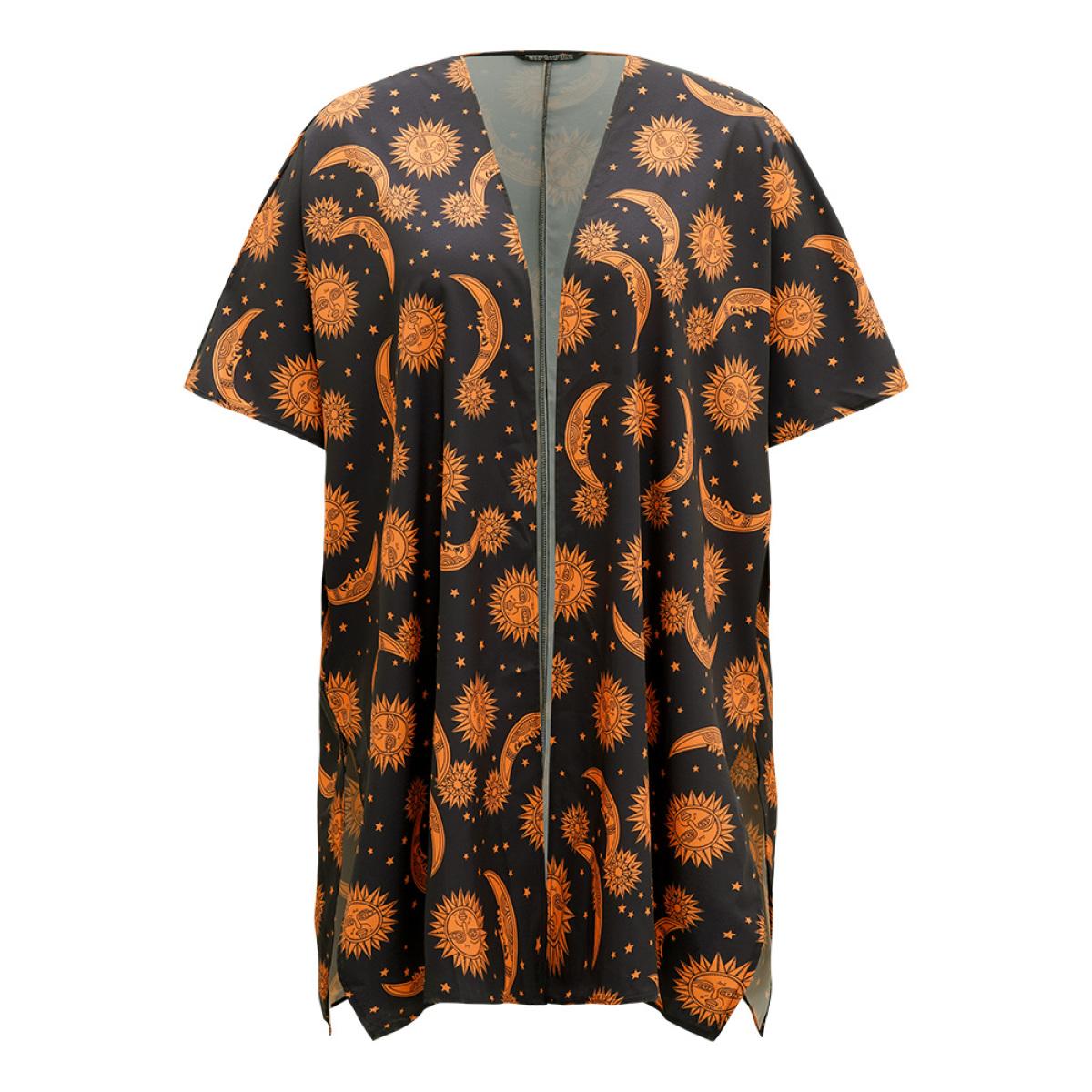 Plus Size Halloween Moon & Star Print Open Front Split Hem Kimono Women DarkBlue Casual Printed Dailywear Kimonos BloomChic 10/M Product Image
