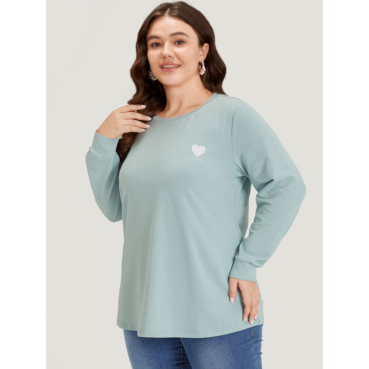 Plus Size Plain Heart Embroidered Crew Neck Sweatshirt Women Green Elegant Elastic cuffs Round Neck Dailywear Sweatshirts BloomChic 10/M Product Image