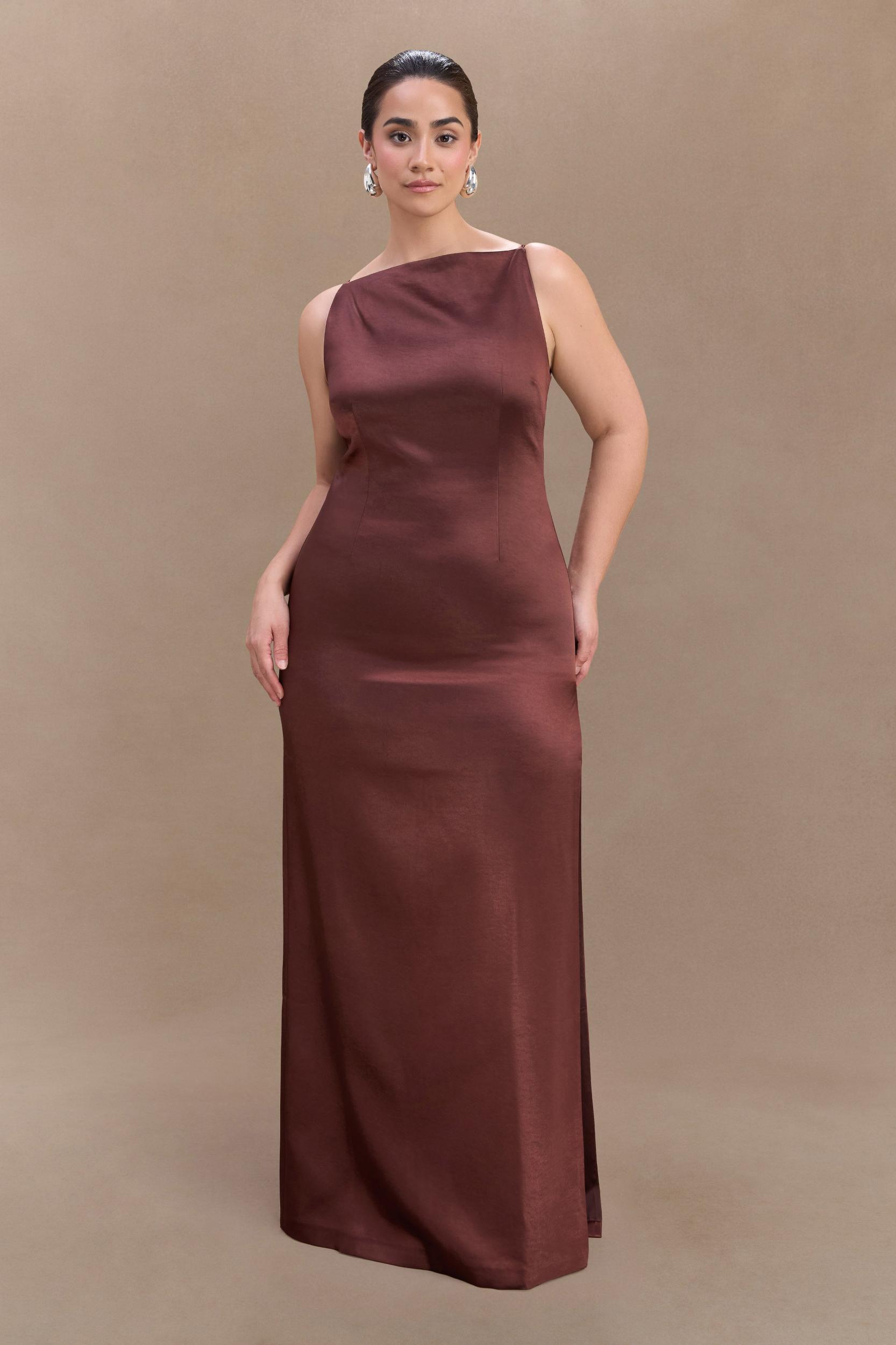 Violet Sleeveless Satin Maxi Dress - Dark Chocolate Product Image