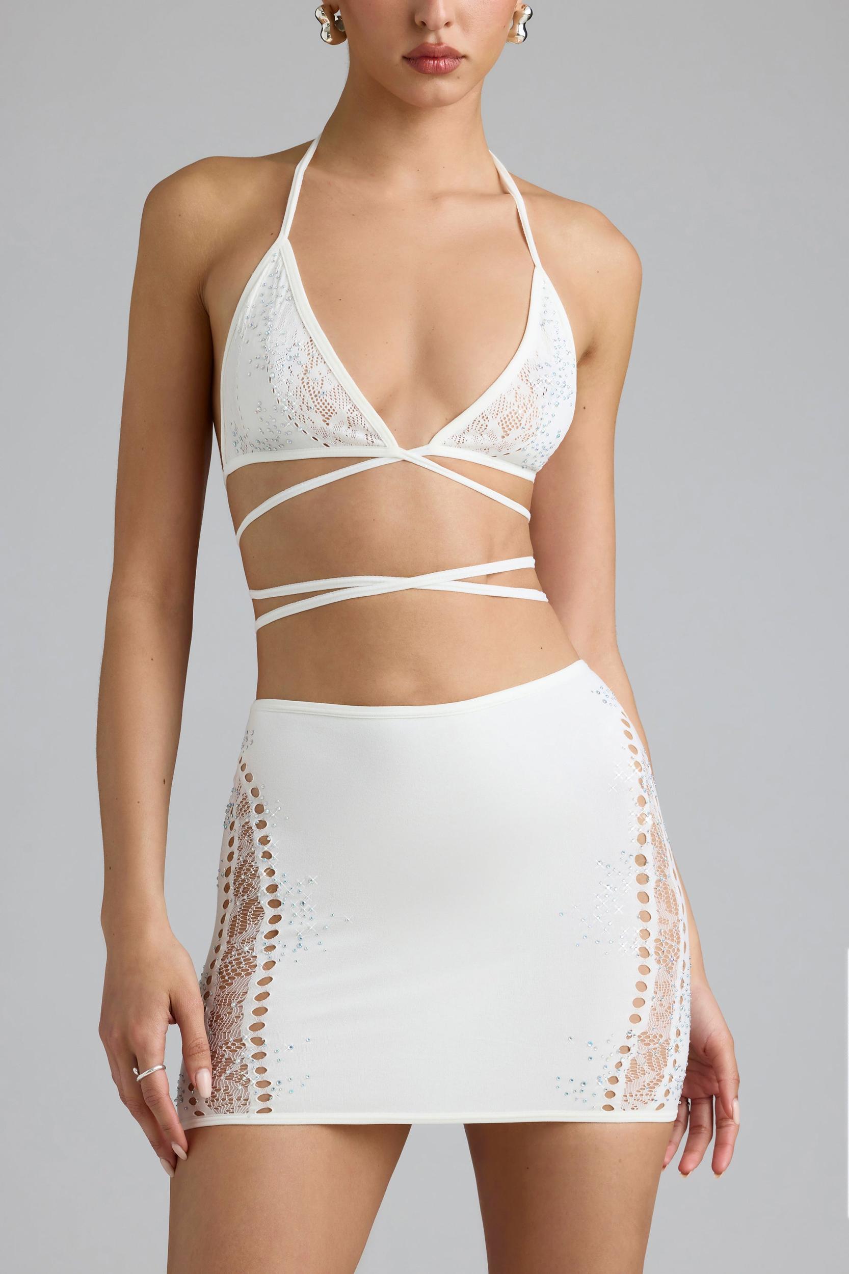 Embellished Cross-Strap Bikini Top in Ivory Female Product Image