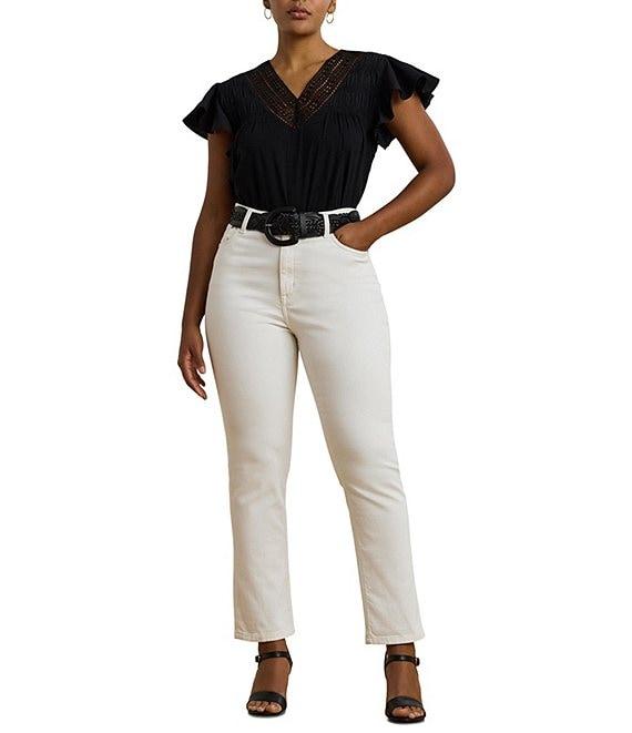 Lauren Ralph Lauren Plus Size Cotton-Blend V-Neck Lace Trim Tee Product Image