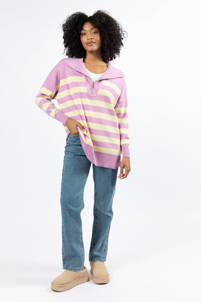 Pulling Heartstrings Purple And Yellow Striped Quarter Zip Pullover FINAL SALE Product Image