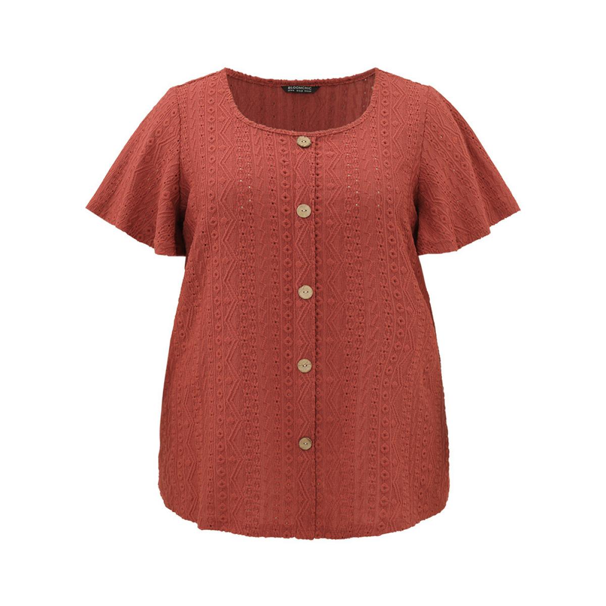 Plus Size Embroidered Button Detail Crew Neck Flutter Sleeve T-shirt Rust Women Elegant Texture Plain Round Neck Dailywear T-shirts BloomChic 18-20/2X Product Image