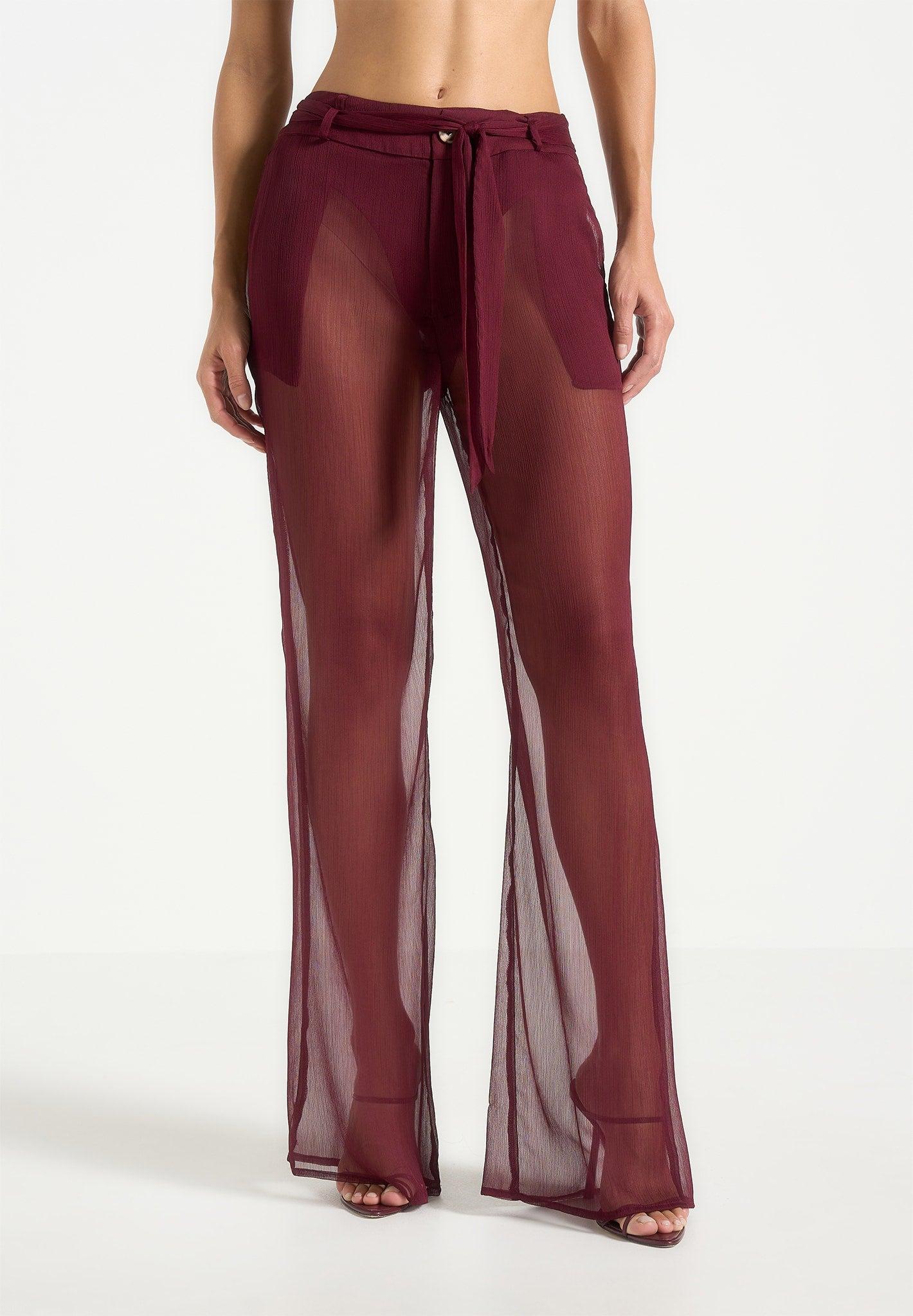 Sheer Belted Trousers - Wine Red Female Product Image