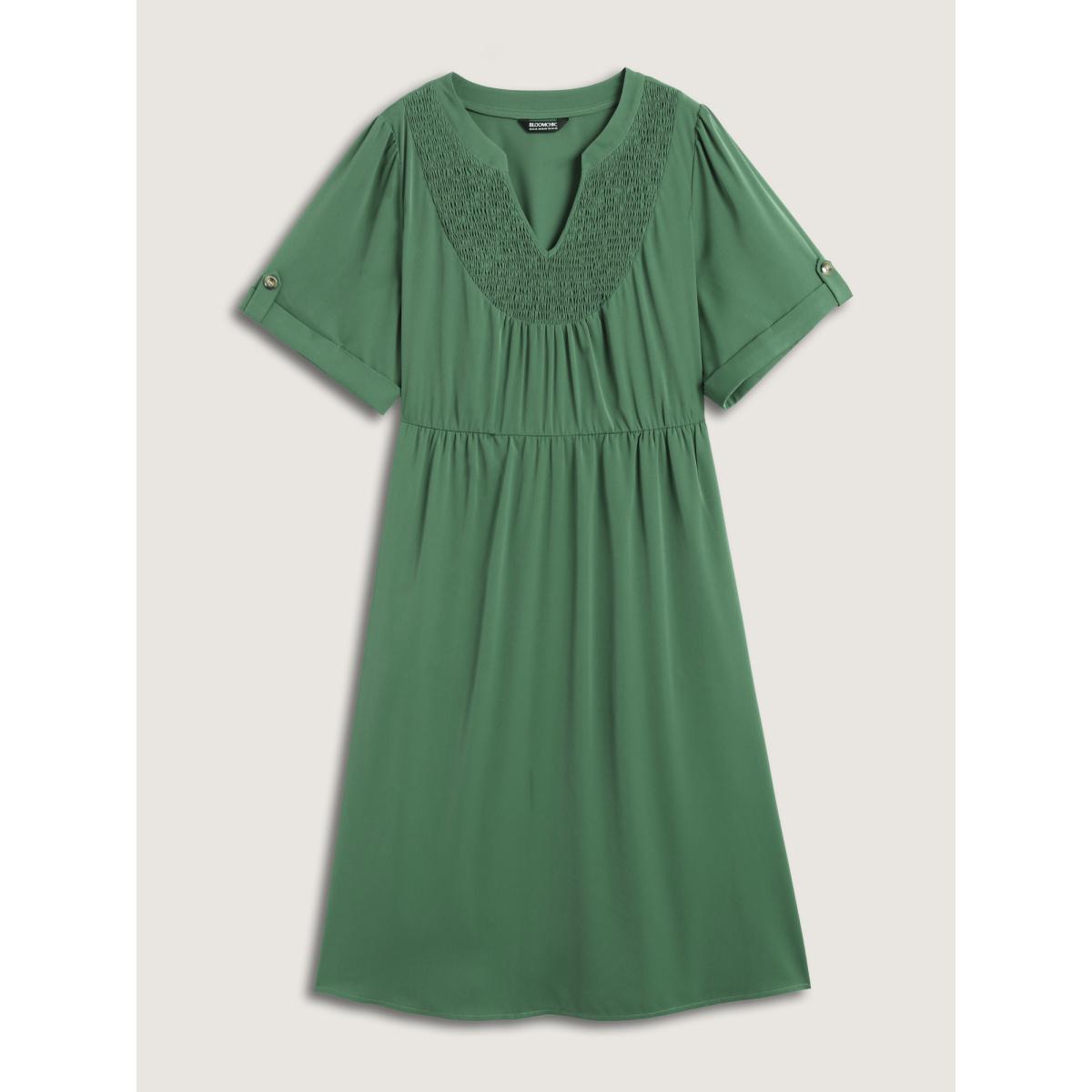 Plus Size Shirred Neck Stretchy Waist Pockets Midi Dress DarkGreen Women Flat collar with V-notch Short sleeve Curvy BloomChic 12/L Product Image