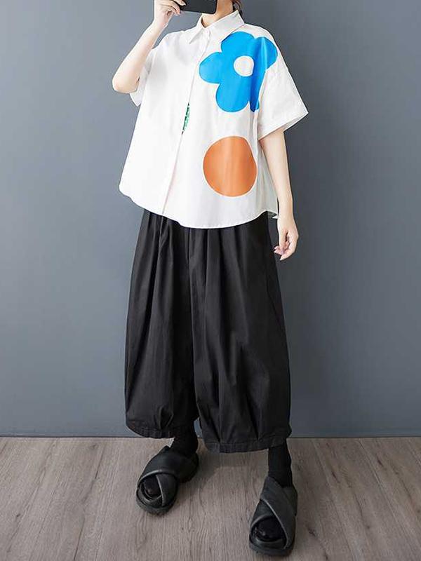 Loose Short Sleeves Buttoned Flower Print Lapel Blouses&Shirts Tops Product Image