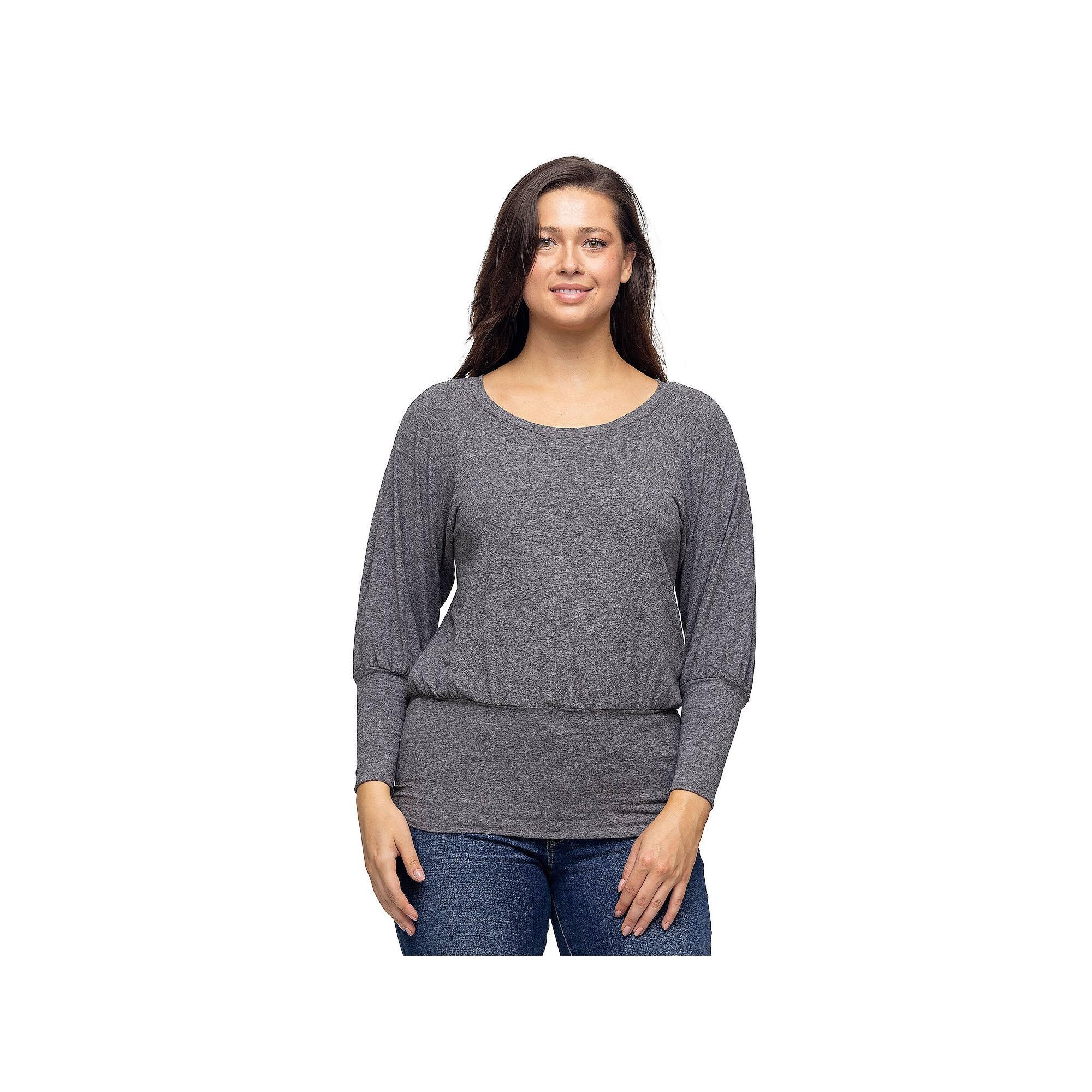 Women's 24Seven Comfort Apparel Round Neck Long Blouson Sleeve Banded Bottom Top,  Product Image