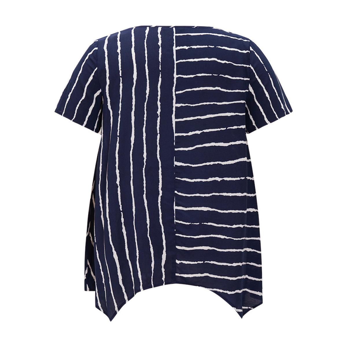 Plus Size Indigo Striped Patchwork Hanky Hem Blouse Women Office Short sleeve Round Neck Dailywear Blouses BloomChic 12/L Product Image