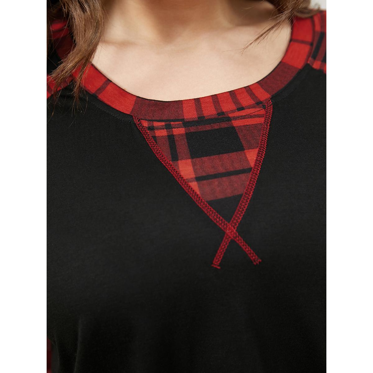Plus Size Plaid Patchwork Bell Sleeve Long Tee Black Women Casual Contrast Plaid Round Neck Dailywear T-shirts BloomChic 26/4X Product Image