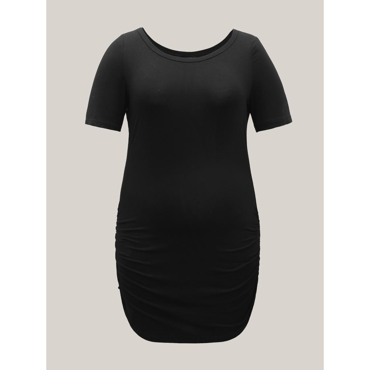 Plus Size Stretchy Ruched Fitted Long T-Shirt Black Women Casual Gathered Round Neck Bodycon Everyday T-shirts BloomChic 18-20/2X Product Image