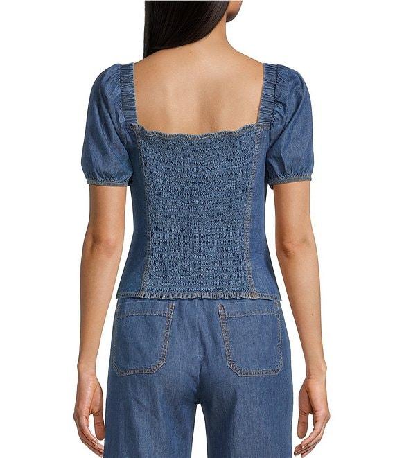 I.N. San Francisco Sweetheart Ruffle Neck Short Sleeve Cropped Coordinating Denim Top Product Image