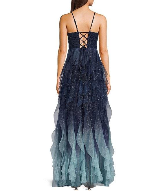 Pear Culture Ombre Glitter Mesh Sweetheart Neck Spaghetti Strap Keyhole Bling Corkscrew Dress Product Image