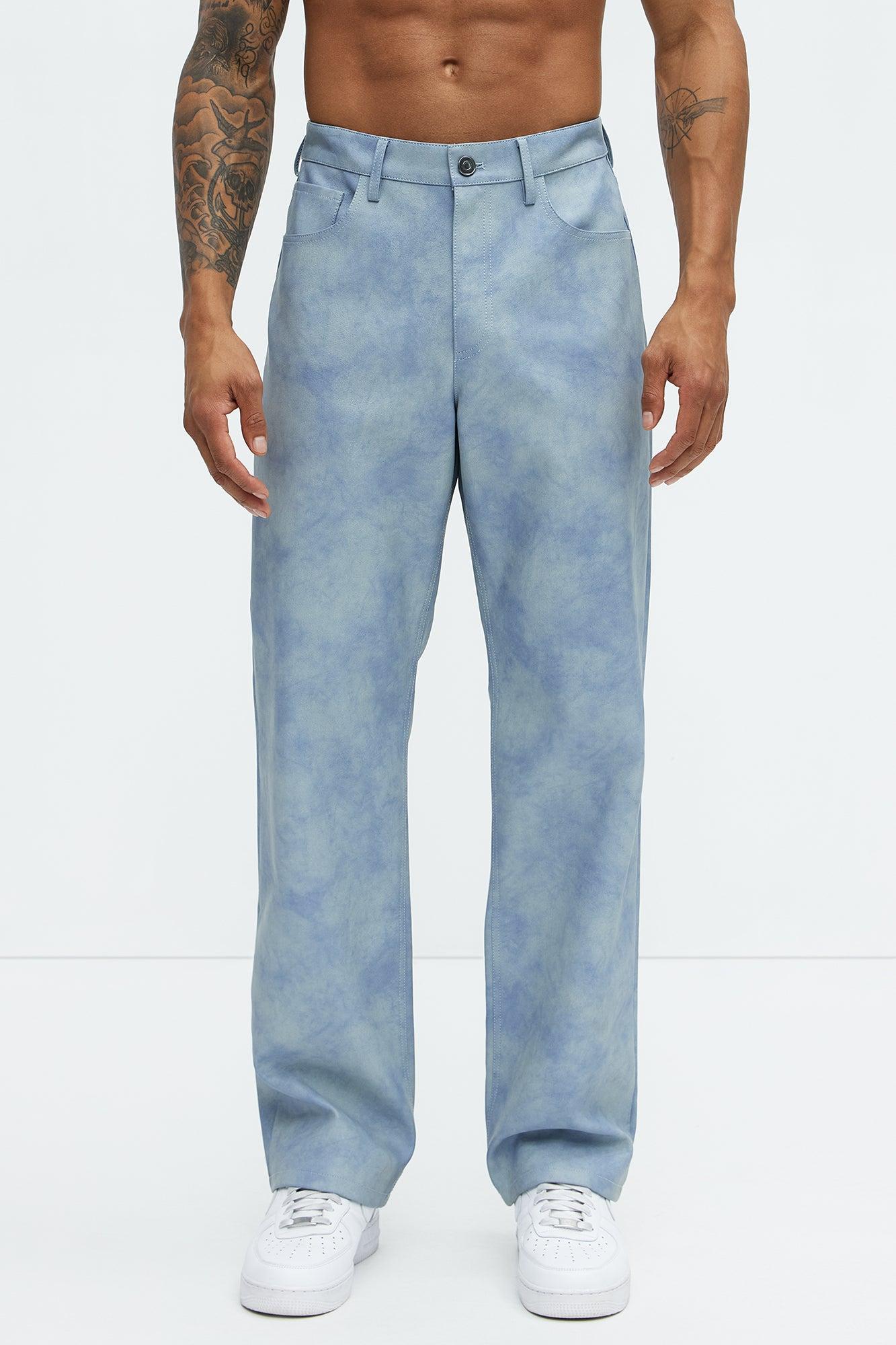 Cloud Wash Faux Leather Straight Pants - Blue Product Image