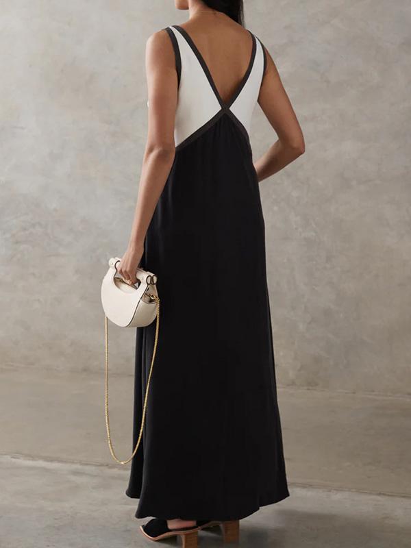 Loose Sleeveless Contrast Color Split-Joint Deep V-Neck Maxi Dresses Product Image