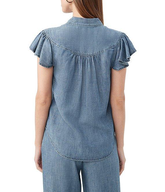 Trina Turk Bali Hai Chambray Point Collar Short Flutter Sleeve Button Front Top Product Image