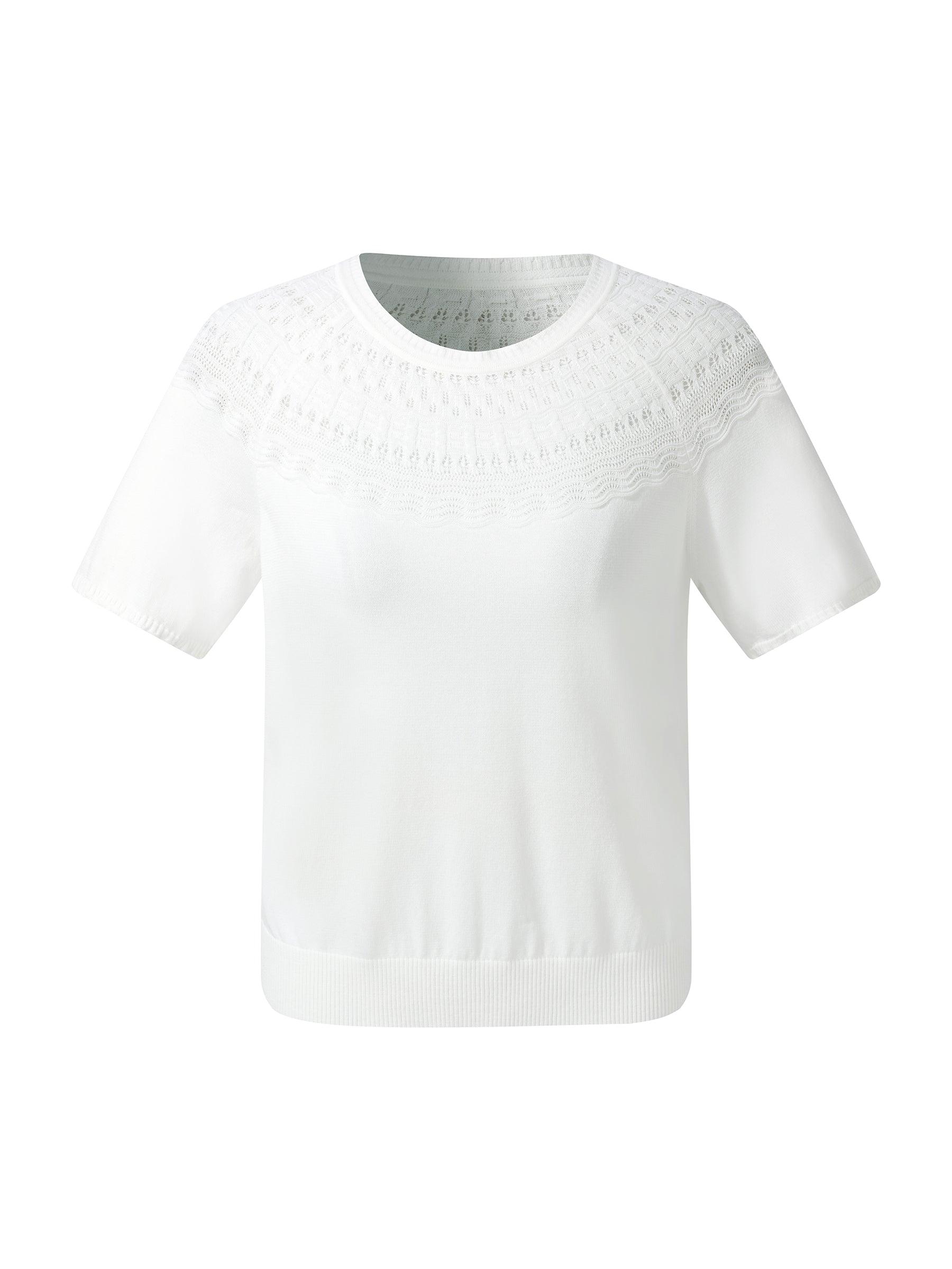 Tencel Blend Openwork Women Ruffle Round Neck Knit Top Product Image