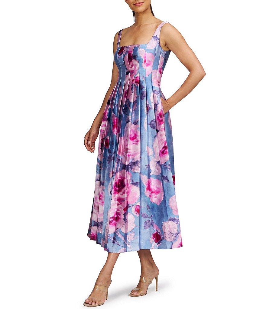 Kay Unger Mikado Floral Print Square Neck Sleeveless Pleated Midi Dress Product Image