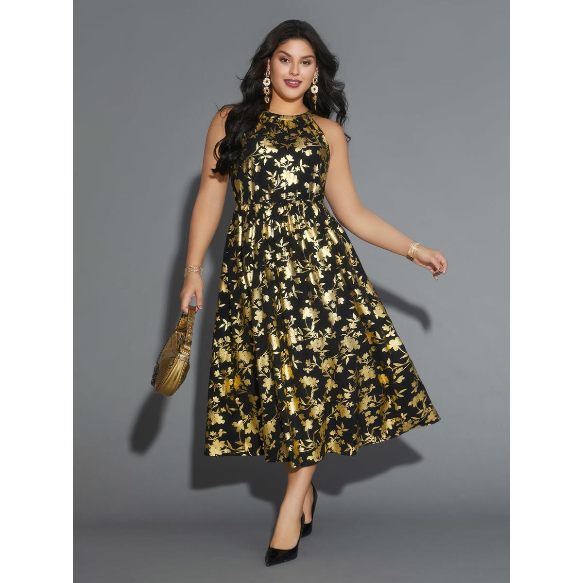 Plus Size Glitter Silhouette Floral Print Sleeveless Dress Black Women Cocktail Texture Round Neck Sleeveless Curvy BloomChic 26/4X Product Image