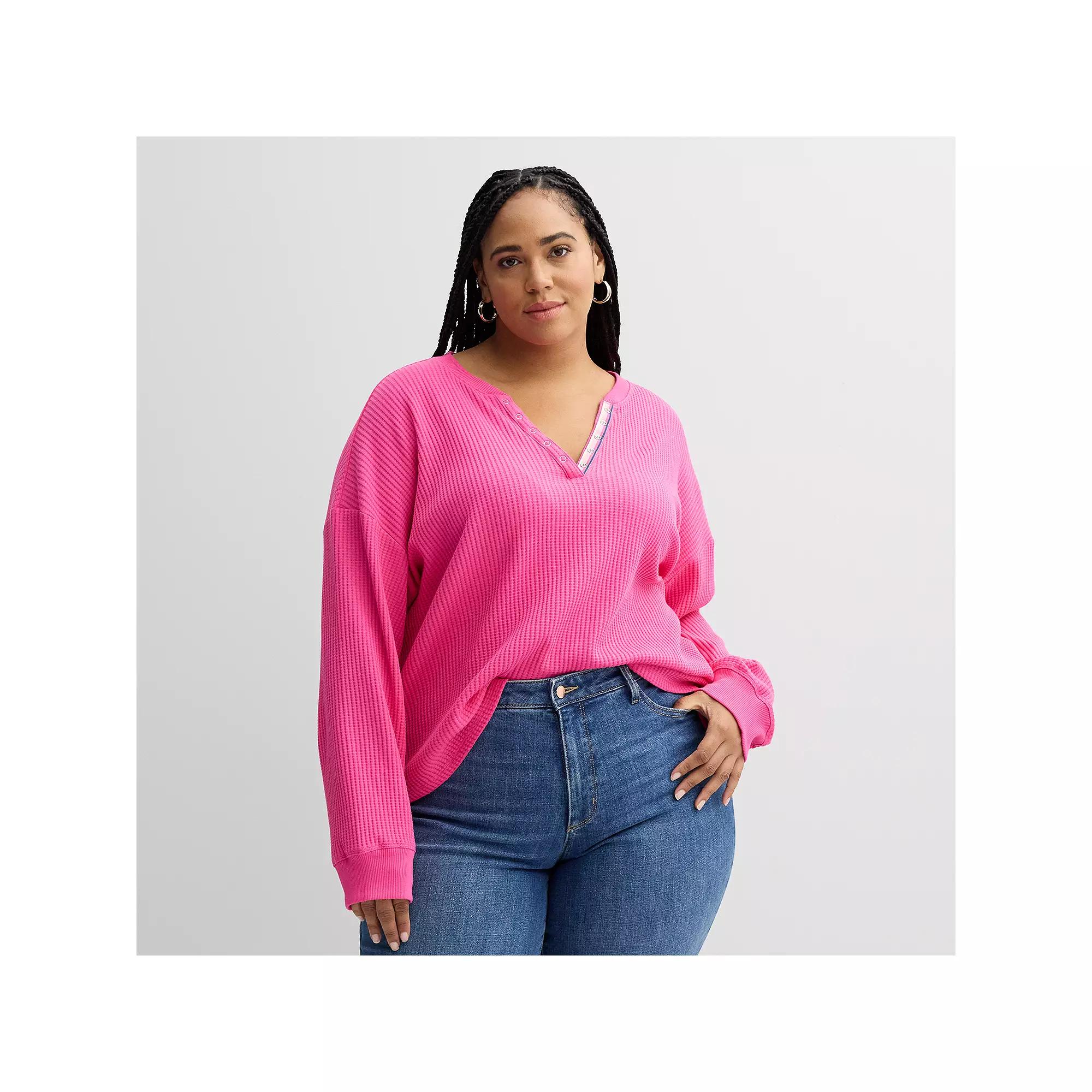 Plus Size Sonoma Goods For Life® Relaxed Waffle Knit Henley, Women's, Size: 4XL, Pink Theme Product Image