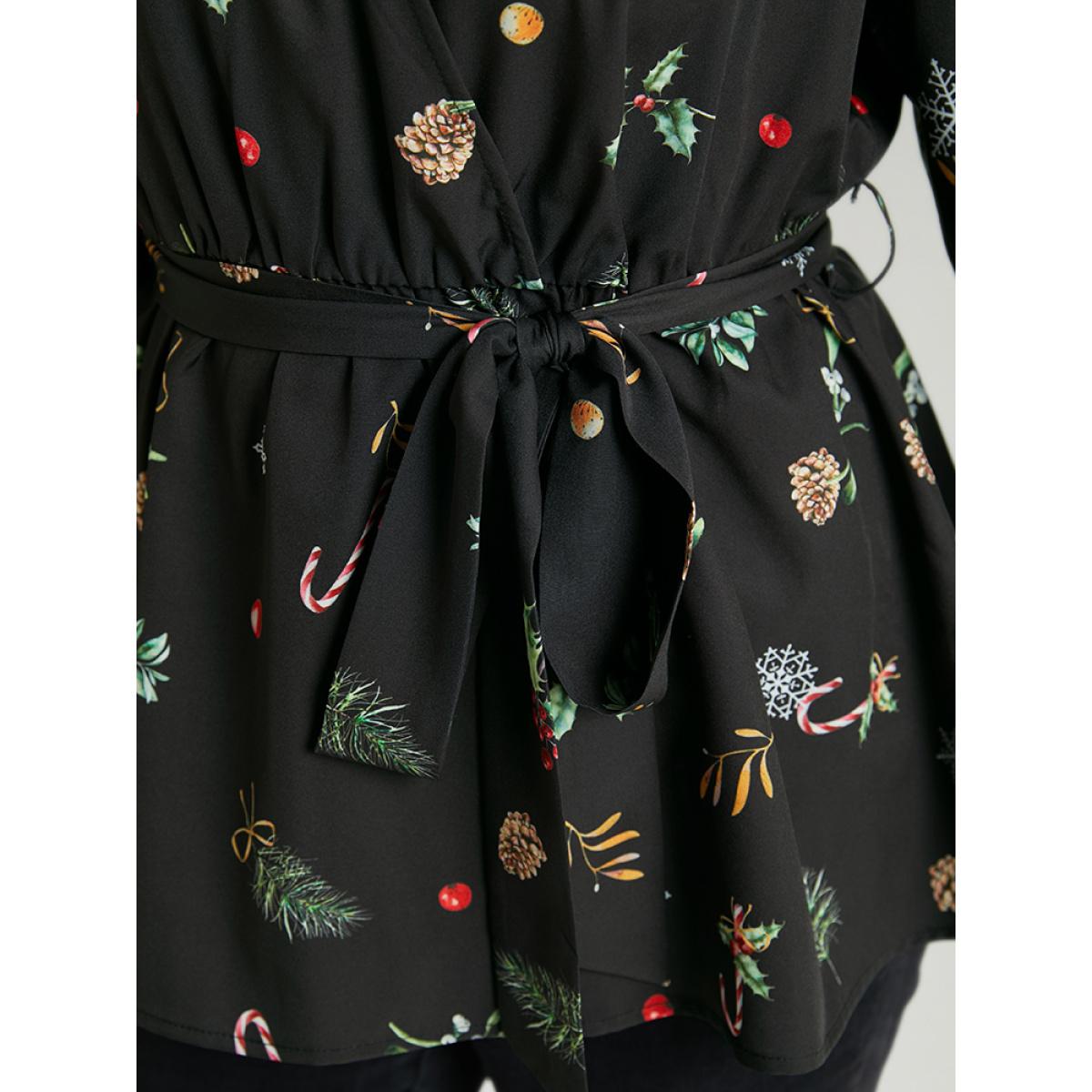 Plus Size Black Christmas Elastic Waist Belted Wrap Blouse Women Elegant Long Sleeve V-neck Festival-Christmas Blouses BloomChic 22-24/3X Product Image