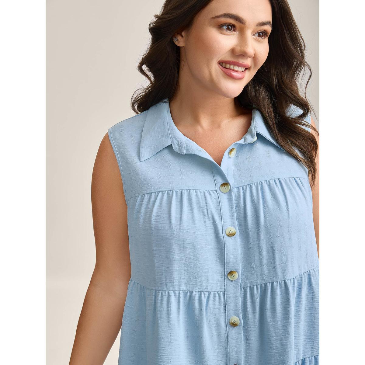 Plus Size Textured Button Placket Tiered Tank Top Women LightBlue Leisure Texture Shirt collar Casual Tank Tops Camis BloomChic 26/4X Product Image