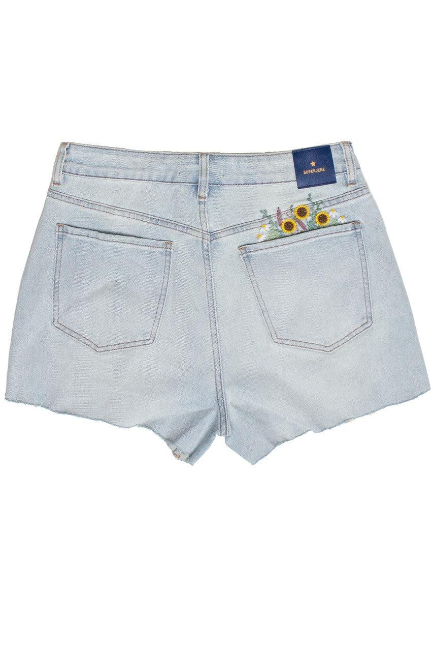 Embroidered Flowers Cut Off Denim Shorts Product Image