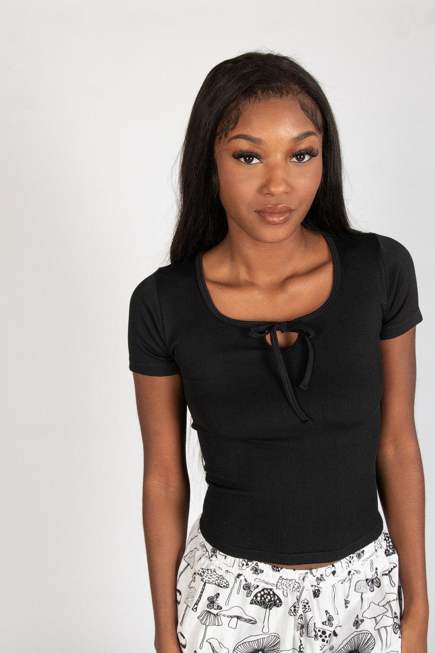 Black Tie Neck Seamless Tee Product Image