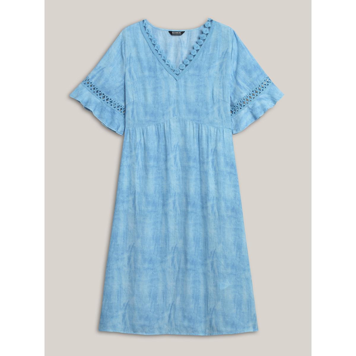 Plus Size Color Blend Lace Trim Pockets Midi Dress Stone Women V-neck Short sleeve Curvy BloomChic 10/M Product Image