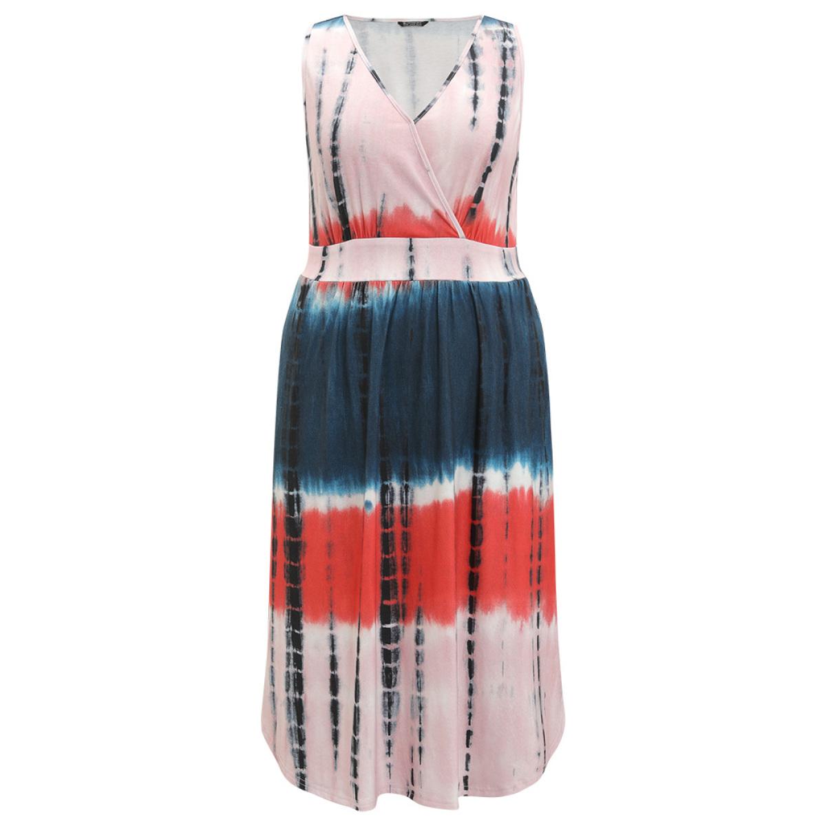 Plus Size Tie Dye Pocket Wrap Arc Hem Tank Dress Multicolor Women Casual Arc Hem V-neck Sleeveless Curvy Midi Dress BloomChic 10/M Product Image