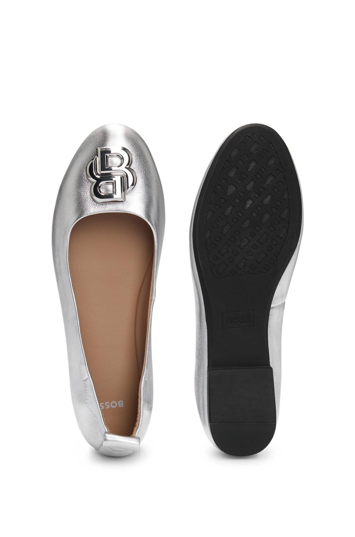 BOSS - Metallic-leather ballerina pumps with Double B monogram - Silver Product Image