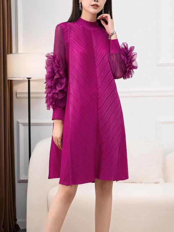 Long Sleeves Loose Embroidered Pleated Solid Color Round-Neck Midi Dresses Product Image