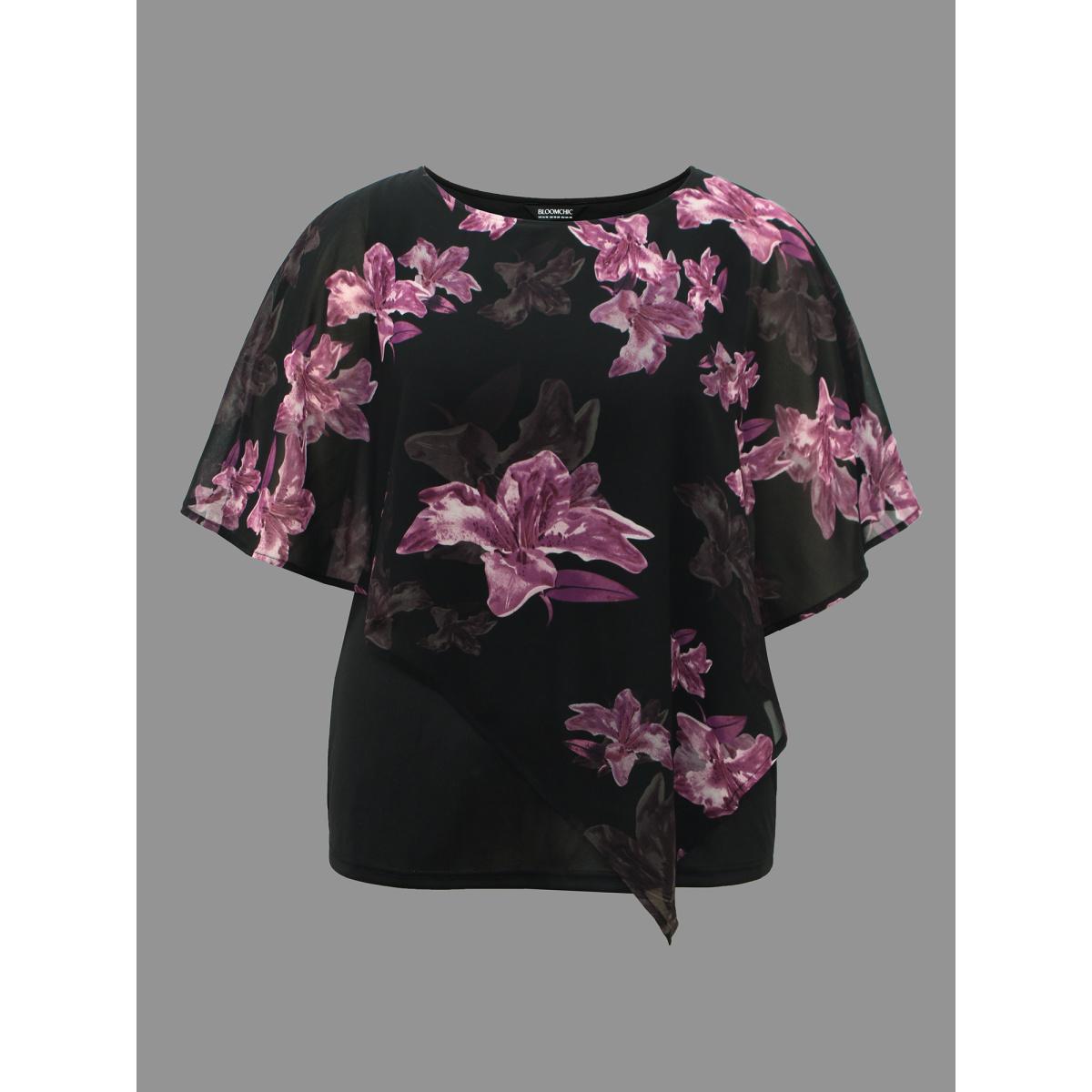 Plus Size Black Floral Asymmetrical Sheer Dolman Sleeve Blouse Women Elegant Elbow-length sleeve Round Neck Everyday Blouses BloomChic 18-20/2X Product Image