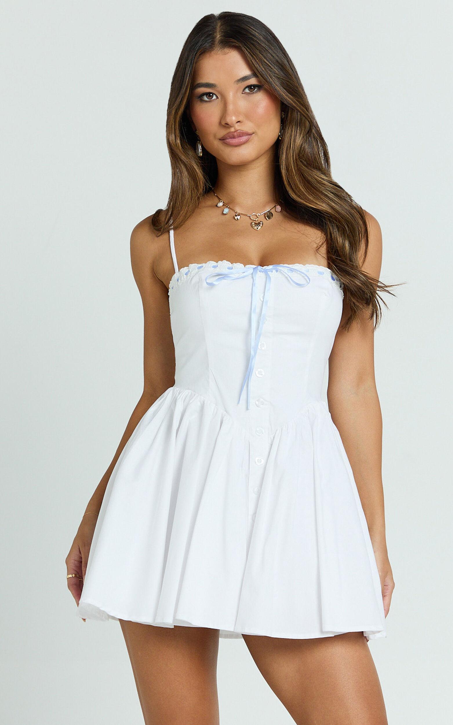 Brunetta Mini Dress - Embroidered Contrast Trim V Waist Fit And Flare Dress in Plain White Product Image