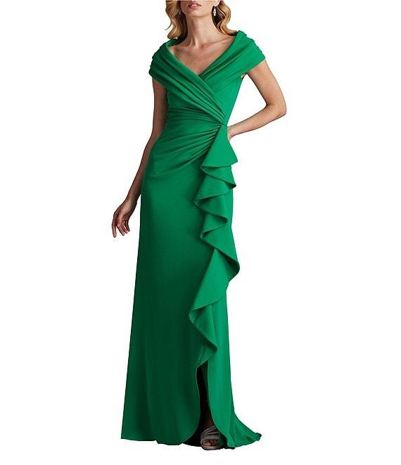Tadashi Shoji Pleated Portrait Collar Ruffle Front Crepe Sheath Gown Product Image