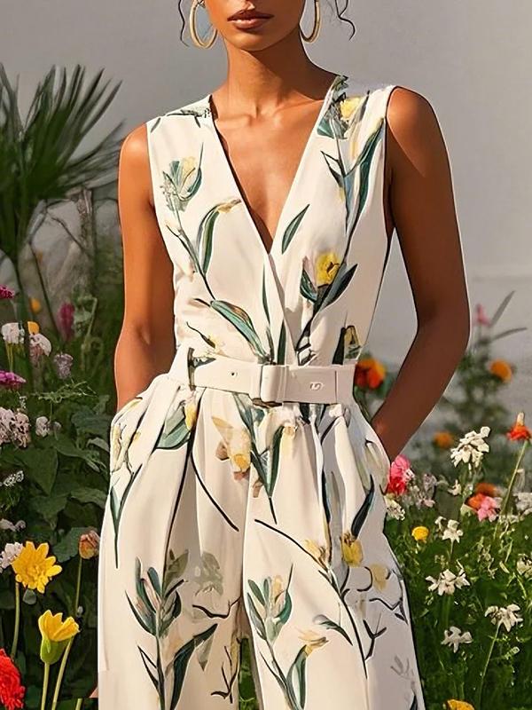Sleeveless Wide Leg No Belt Pleated Printed Split-Joint V-Neck Jumpsuits Product Image