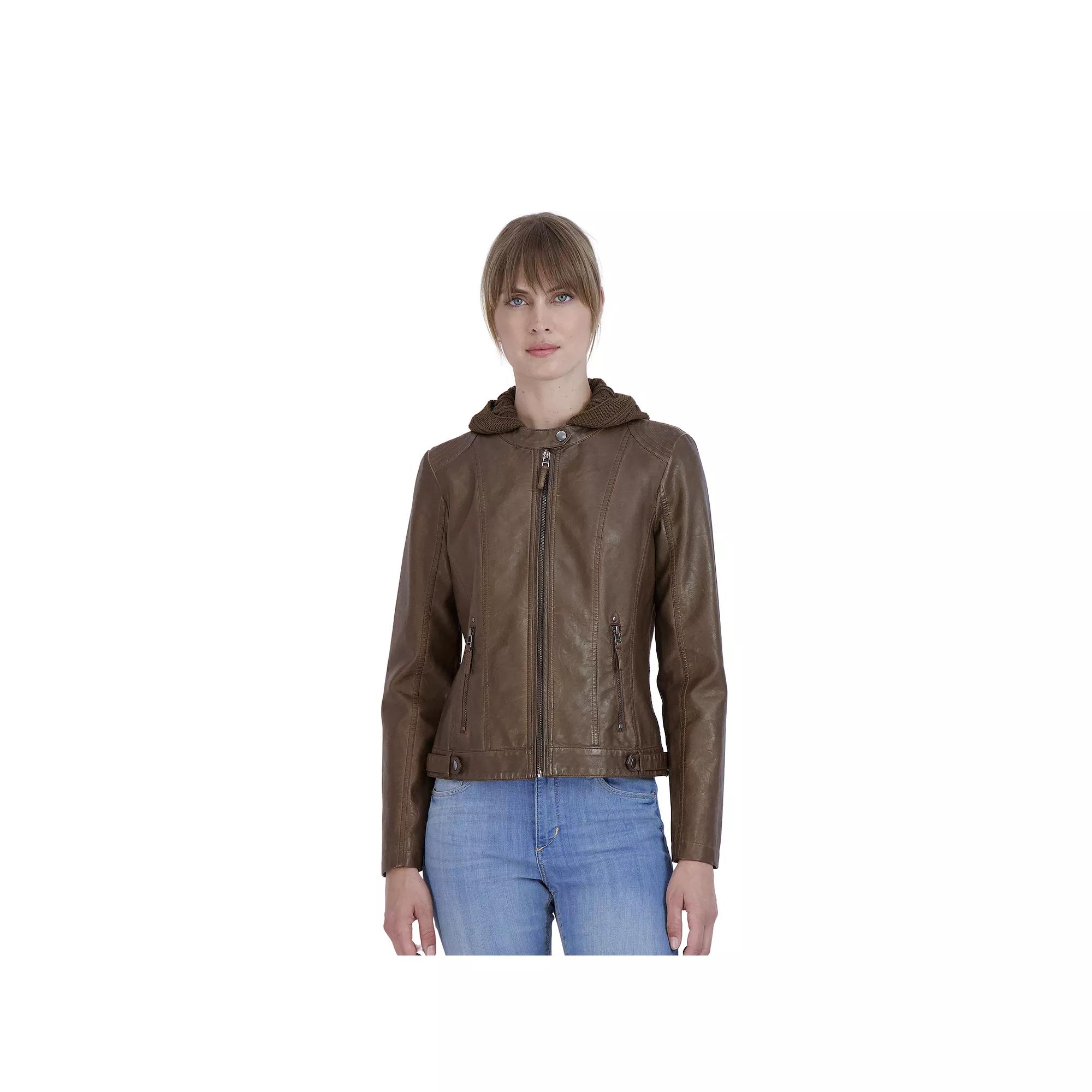 Women's Sebby Collection Sweater Hood Faux-Leather Jacket, Size: Small, Whiskey Product Image