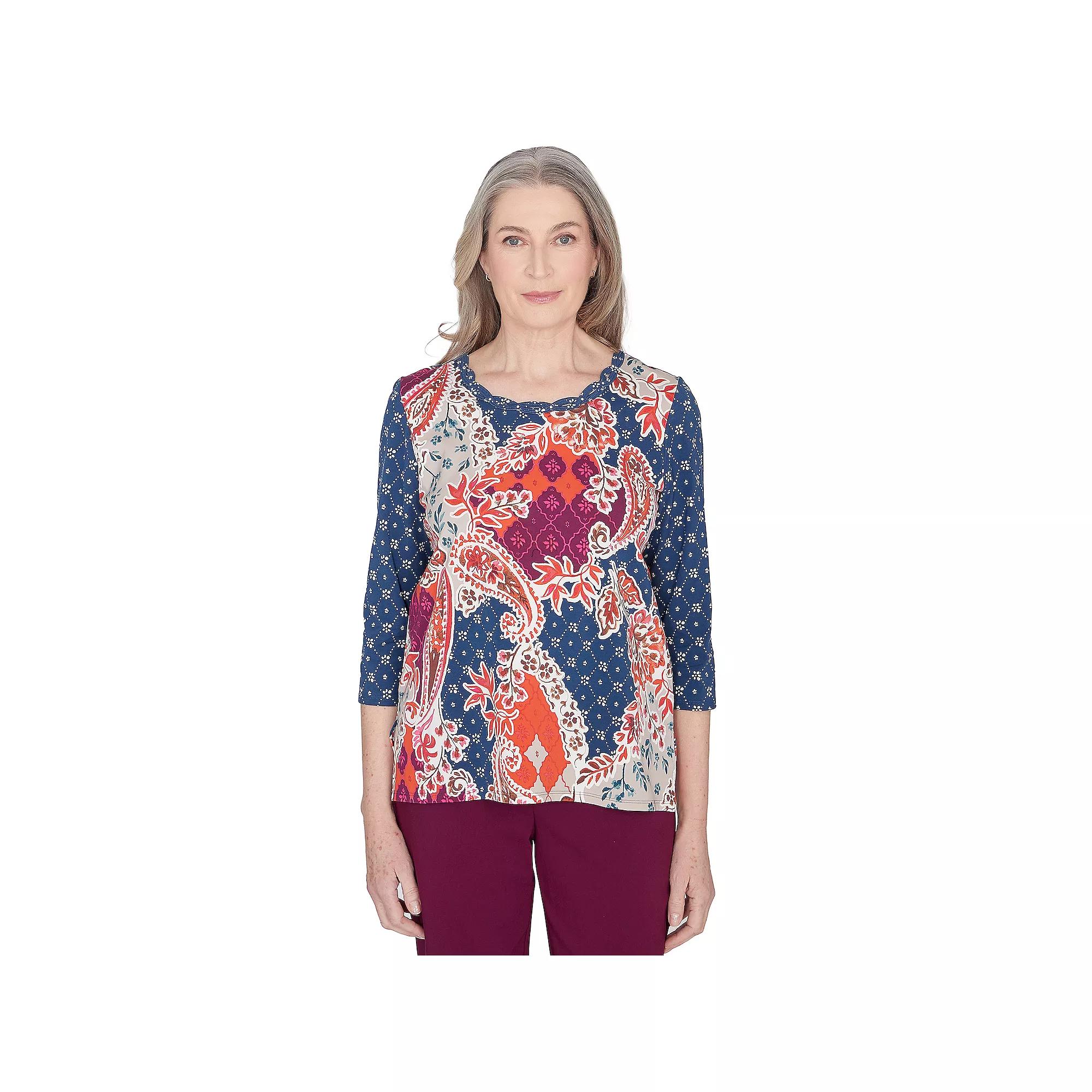 Petite Alfred Dunner Paisley Patchwork Knotted Crewneck Top, Women's, Size: Large Petite, Multi Blue Product Image