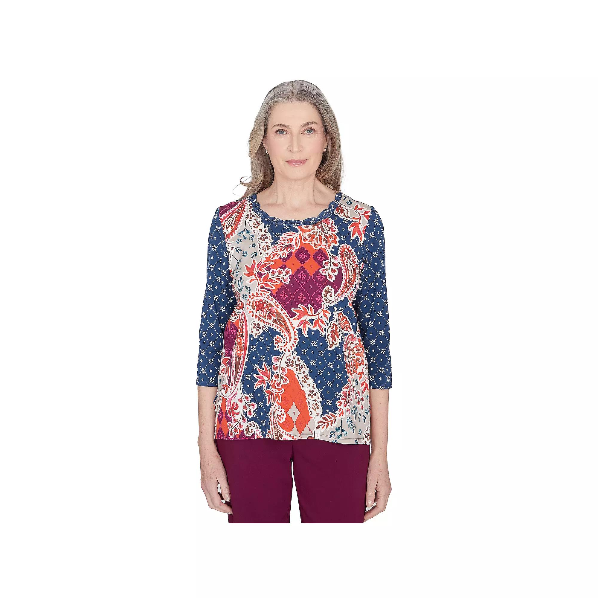 Petite Alfred Dunner Paisley Patchwork Knotted Crewneck Top, Women's, Size: Large Petite, Multi Blue Product Image