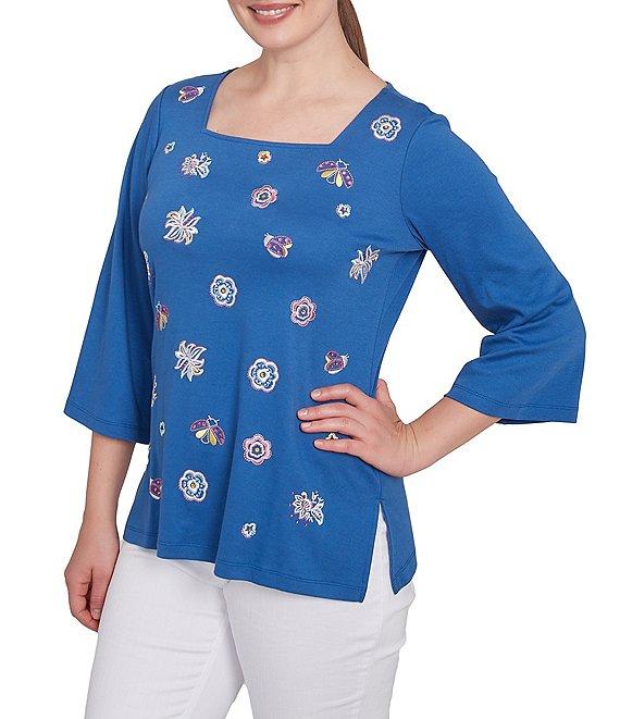Ruby Rd. Embroidered Knit Square Neck 3/4 Sleeve Top Product Image
