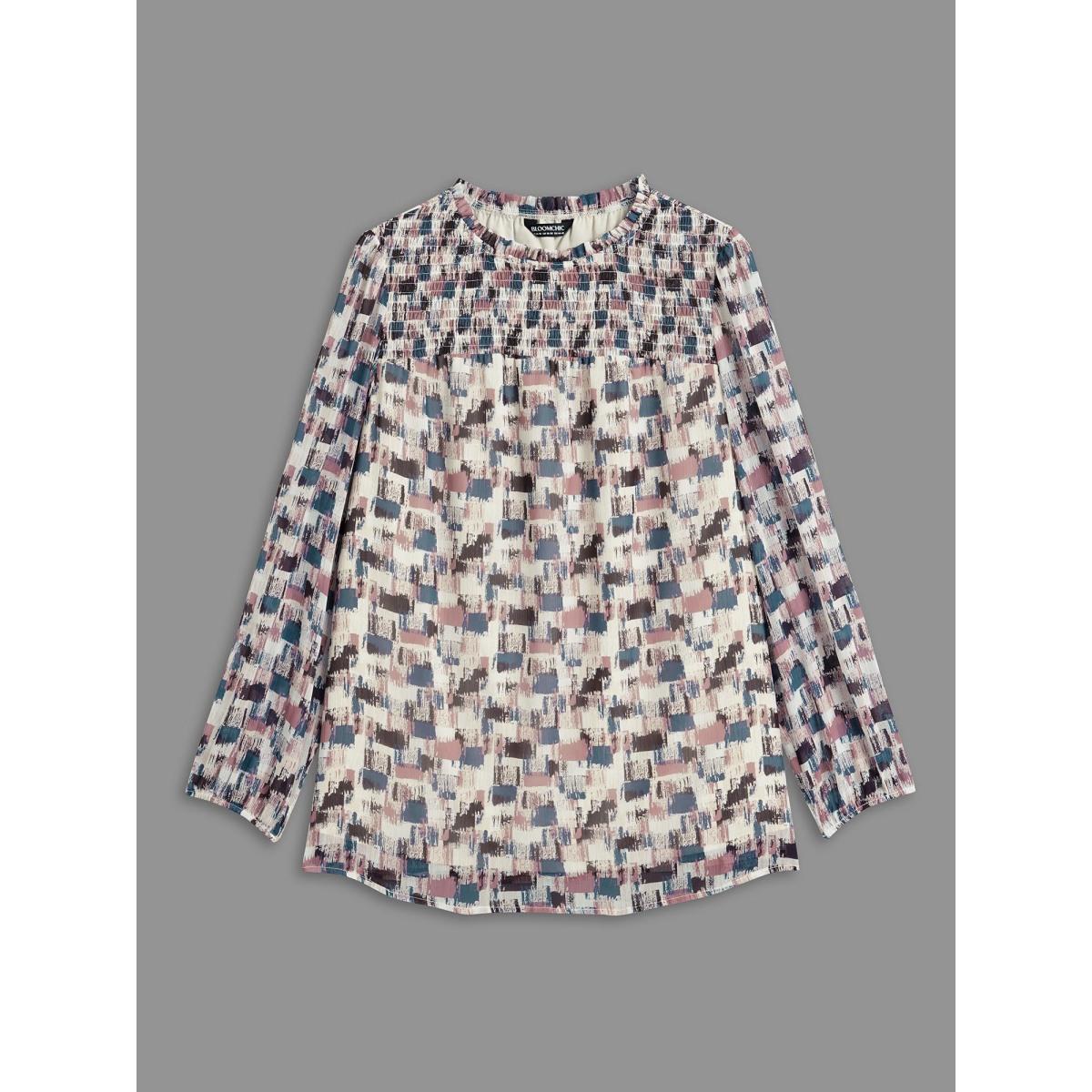 Plus Size Lilac Brush Print Shirred Ruffles Gathered Blouse Women Elegant Long Sleeve Mock Neck Everyday Blouses BloomChic 14-16/1X Product Image