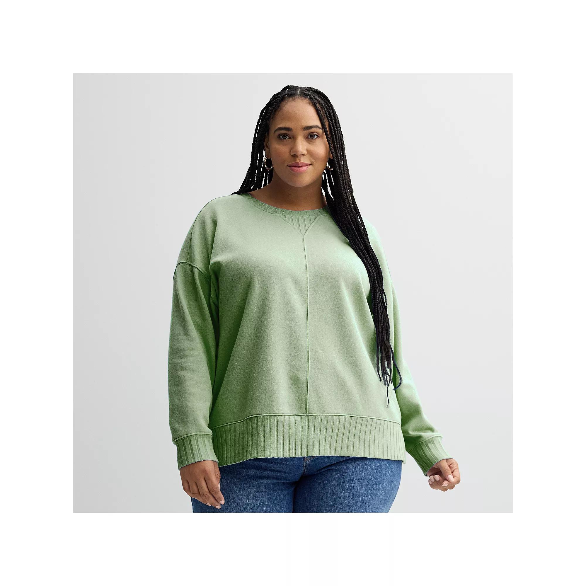 Plus Size Sonoma Goods For Life® Mixed Ribbed Crewneck Fleece Sweatshirt, Women's, Size: 1XL, Madri Green Product Image