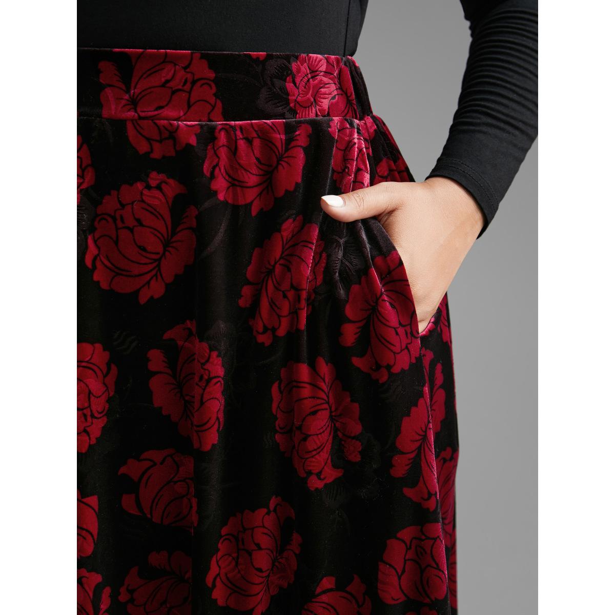 Plus Size Velvet Floral Elastic Waist Skirt Women BlackFlower Elegant Loose Low stretch Side seam pocket Everyday Skirts BloomChic 18-20/2X Product Image