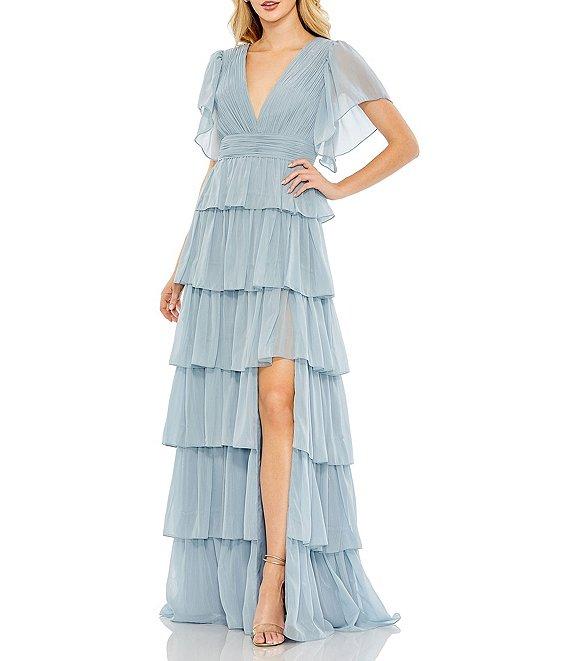 Mac Duggal V Neckline Short Flutter Sleeve Tiered Gown Product Image
