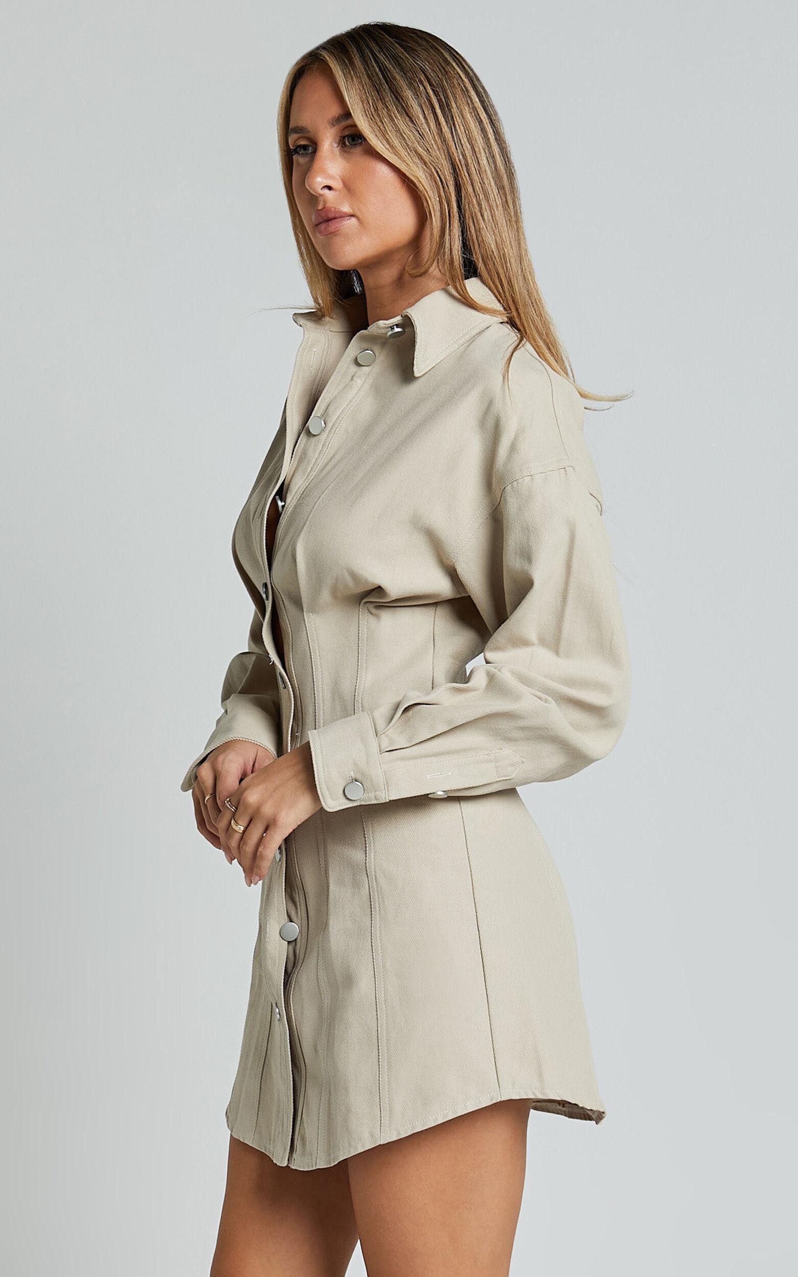 Sofia Mini Dress - Button Through Long Sleeve Dress in Mocha Product Image